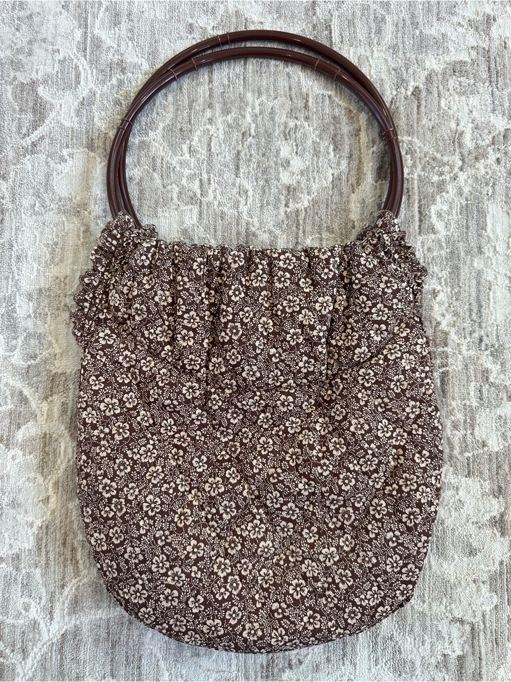70s Vintage Brown Reversible Floral Gingham Patchwork Handmade Handbag Tote - Picture 3 of 6
